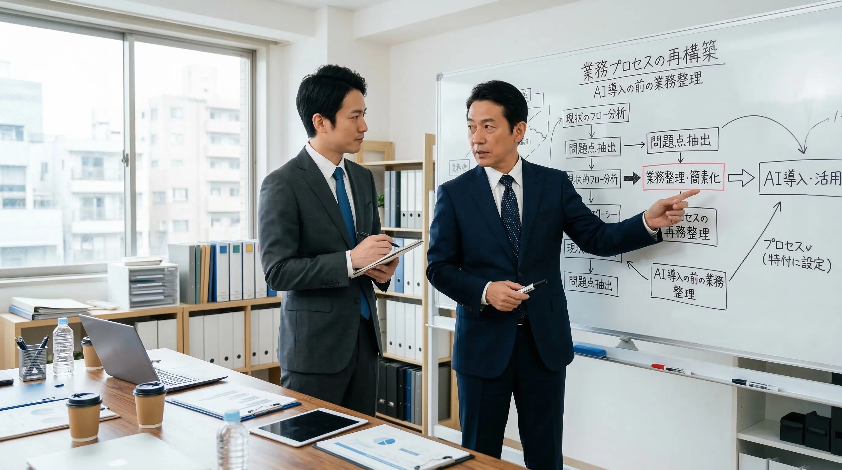 中小企業の経営者がオフィスでAI導入について真剣に検討している様子